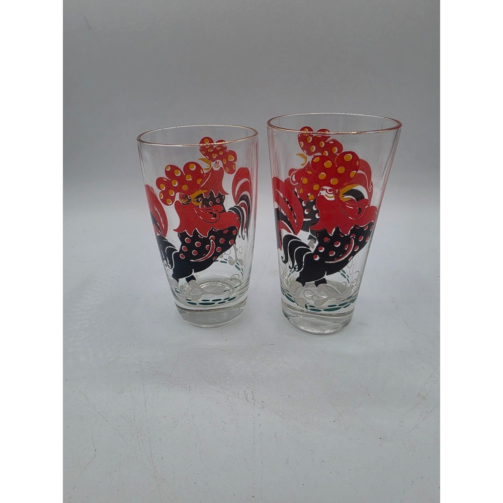 Vintage Mid Century Modern Rooster Juice Glasses Red Black Gold Rim Set of 2